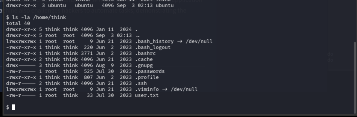Contents of think's home directory showing the protected user flag